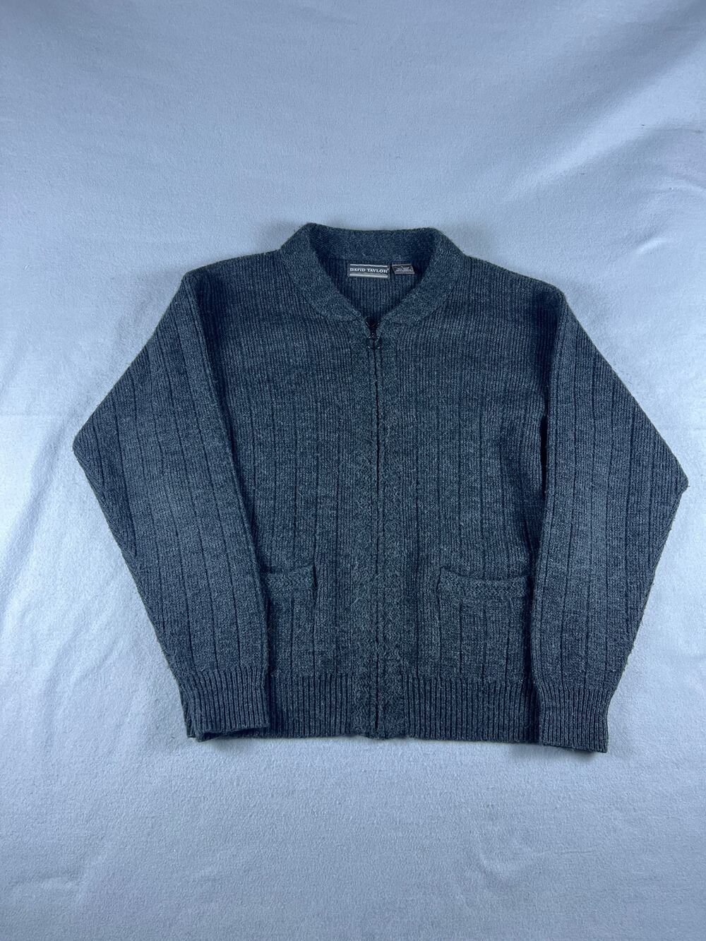 David Taylor Cardigan Mens L Gray Band Collar Knit Ribbed Pockets Sweater Jacket